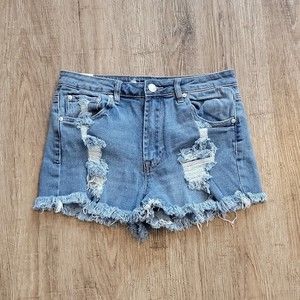 Almost Famous Denim Blue Jean Distressed Shorts ~ Sz 5 ~ Mid Rise ~ 2" Inseam